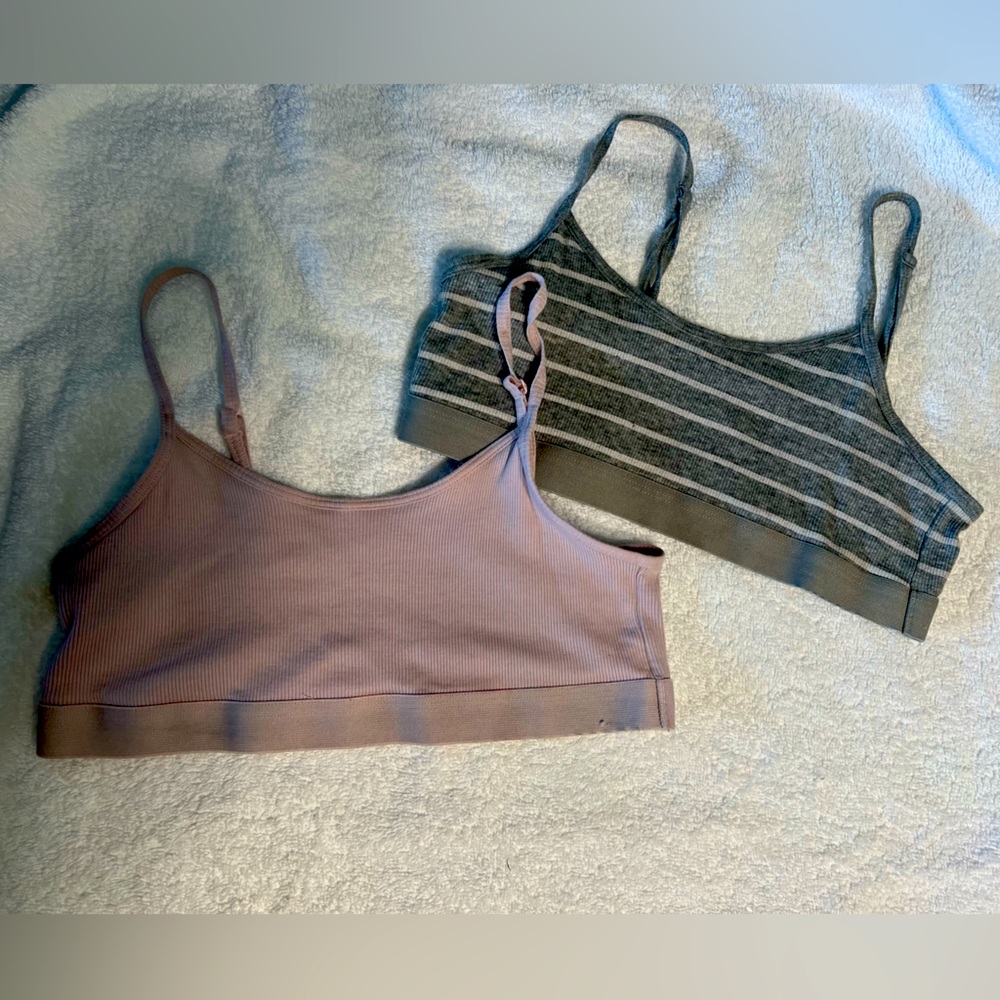 Pink grey and white sport bra looking bras, honestly comfortable & fit as tops